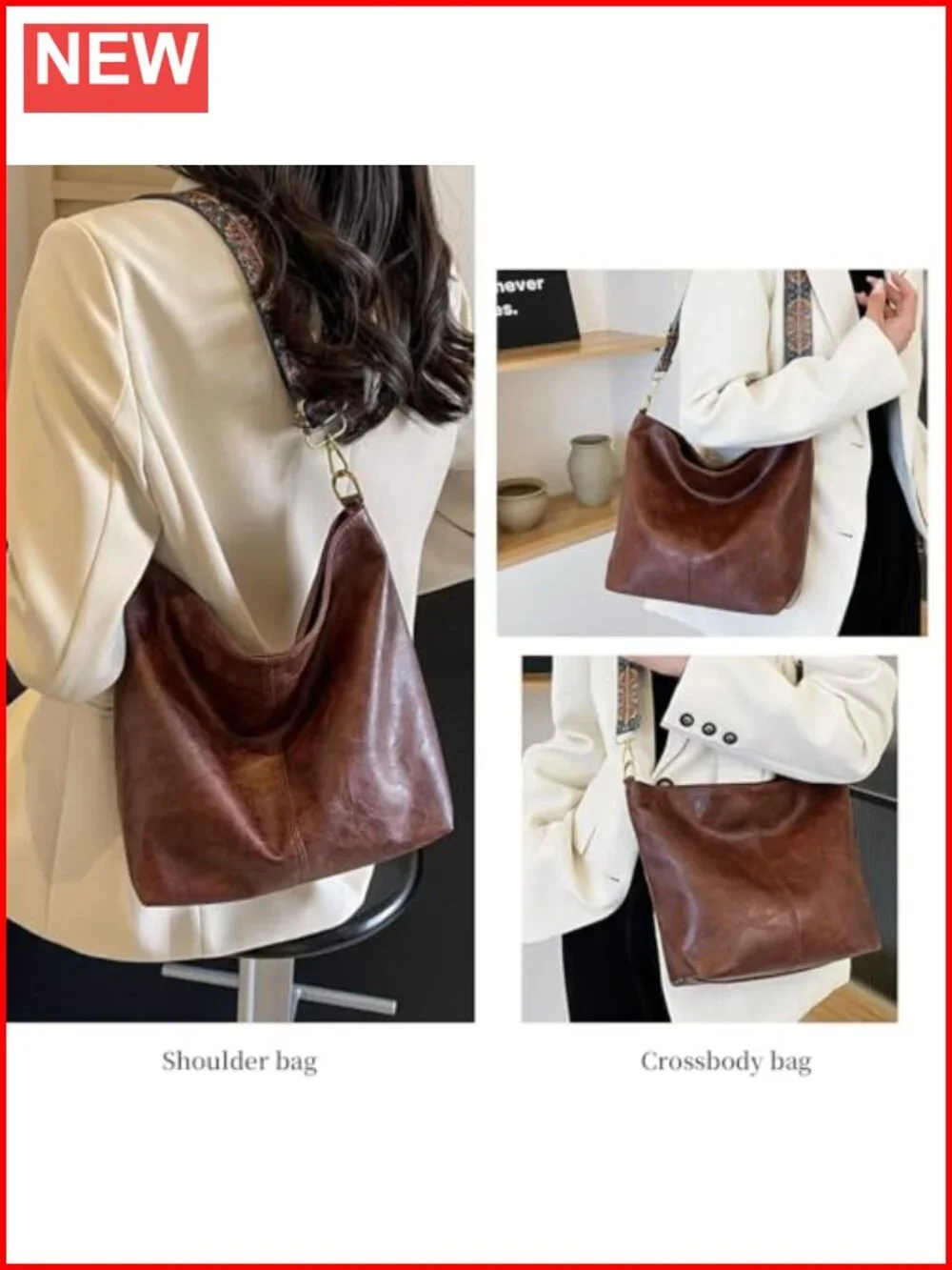 Vegan Leather Hobo Crossbody Bag with Adjustable Guitar Strap